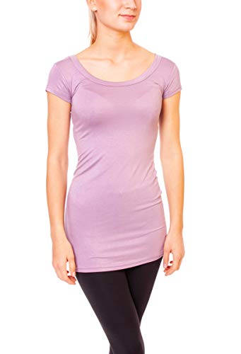 Easy Young Fashion - Damen Basic T-Shirt - langes Kurzarm Longshirt - Rundhals Longsleeve - Unterziehhemd Skinny Fit 1002 - Mauve L von Easy Young Fashion