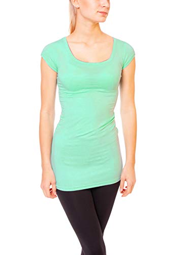 Easy Young Fashion - Damen Basic T-Shirt - langes Kurzarm Longshirt - Rundhals Longsleeve - Unterziehhemd Skinny Fit 1002 - Mint M von Easy Young Fashion