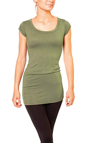 Easy Young Fashion - Damen Basic T-Shirt - langes Kurzarm Longshirt - Rundhals Longsleeve - Unterziehhemd Skinny Fit 1002 - Olive S von Easy Young Fashion