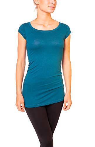Easy Young Fashion - Damen Basic T-Shirt - langes Kurzarm Longshirt - Rundhals Longsleeve - Unterziehhemd Skinny Fit 1002 - Petrol M von Easy Young Fashion