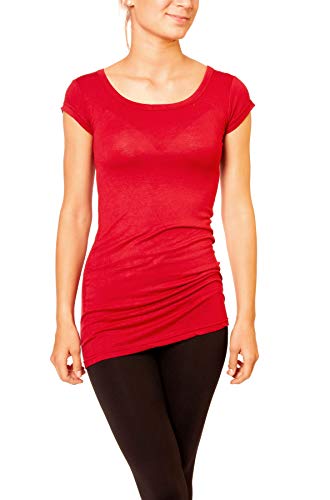 Easy Young Fashion - Damen Basic T-Shirt - langes Kurzarm Longshirt - Rundhals Longsleeve - Unterziehhemd Skinny Fit 1002 - Rot L von Easy Young Fashion