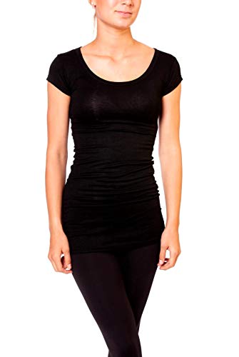 Easy Young Fashion - Damen Basic T-Shirt - langes Kurzarm Longshirt - Rundhals Longsleeve - Unterziehhemd Skinny Fit 1002 - Schwarz S von Easy Young Fashion