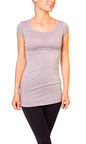 Easy Young Fashion - Damen Basic T-Shirt - langes Kurzarm Longshirt - Rundhals Longsleeve - Unterziehhemd Skinny Fit 1002 - Taupe L von Easy Young Fashion