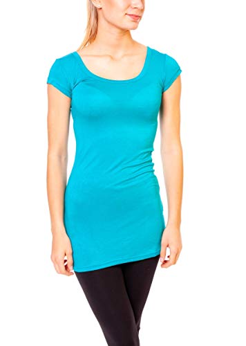 Easy Young Fashion - Damen Basic T-Shirt - langes Kurzarm Longshirt - Rundhals Longsleeve - Unterziehhemd Skinny Fit 1002 - Türkis M von Easy Young Fashion