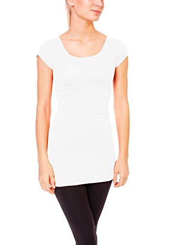 Easy Young Fashion - Damen Basic T-Shirt - langes Kurzarm Longshirt - Rundhals Longsleeve - Unterziehhemd Skinny Fit 1002 - Weiß L von Easy Young Fashion