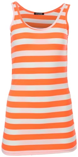 Easy Young Fashion - Damen Basic Trägertop - ärmelloses Longtop Extra Lang - Skinny Fit 9002 - OneSize (Orange-Weiß gestreift) von Easy Young Fashion