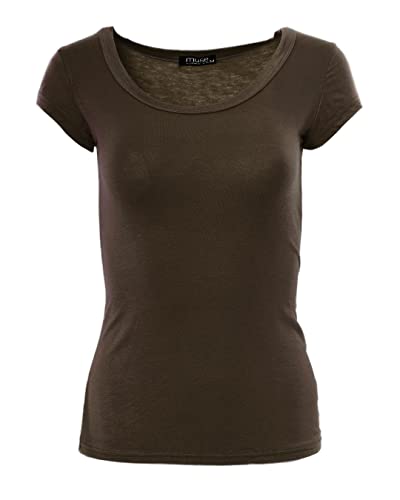 Easy Young Fashion - Damen Basic Rundhals T-Shirt - Kurzarm Unterziehshirt Skinny Fit 1001 - Dunkelbraun L von Easy Young Fashion