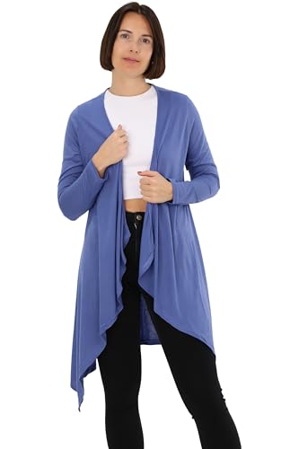 Easy Young Fashion Damen Cardigan - offenes Langarm Jäckchen asymmetrisch geschnitten - Open Front Wasserfall Jersey Jacke 806 - (Jeansblau M/L) von Easy Young Fashion