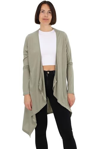 Easy Young Fashion Damen Cardigan - offenes Langarm Jäckchen asymmetrisch geschnitten - Open Front Wasserfall Jersey Jacke 806 - (Khaki M/L) von Easy Young Fashion