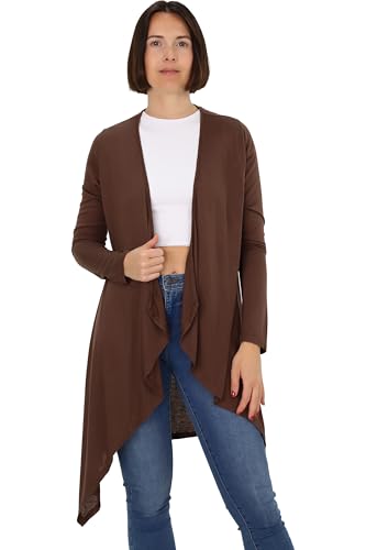 Easy Young Fashion Damen Cardigan - offenes Langarm Jäckchen asymmetrisch geschnitten - Open Front Wasserfall Jersey Jacke 806 - (braun M/L) von Easy Young Fashion