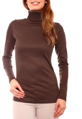 Easy Young Fashion - Damen Feinripp Rollkragen Shirt - enges Langarm Unterziehshirt - Rolli Skinny Fit 2083 - Dunkelbraun L von Easy Young Fashion