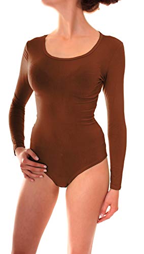 Easy Young Fashion Damen Langarm Body Suit Langarmshirt Unterwäsche mit Rundhals Ausschnitt Dunkelbraun von Easy Young Fashion