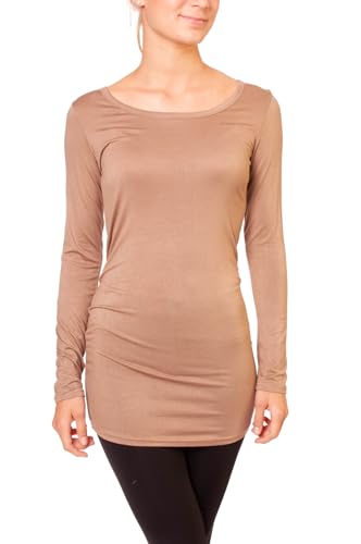 Easy Young Fashion - Damen Basic Langarmshirt - Rundhals Longshirt - Unterziehshirt Skinny Fit 1098A - Camel S/M von Easy Young Fashion