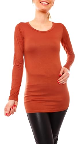 Easy Young Fashion - Damen Basic Langarmshirt - Rundhals Longshirt - Unterziehshirt Skinny Fit 1098A - Terracotta S/M von Easy Young Fashion