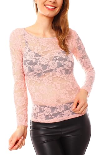 Easy Young Fashion - Damen Langarmshirt mit Spitze - transparente Mesh Bluse - Rundhals Skinny Fit OneSize 1095 - Pfirsichrosa von Easy Young Fashion