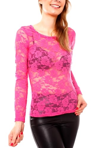 Easy Young Fashion - Damen Langarmshirt mit Spitze - transparente Mesh Bluse - Rundhals Skinny Fit OneSize 1095 - Pink von Easy Young Fashion