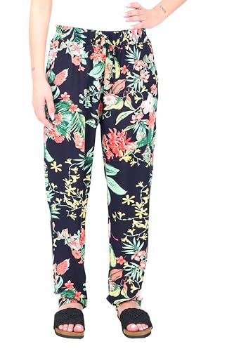 Easy Young Fashion Damen Sommerhose - Florale Freizeithose mit elastischem Bund - Lange Boho Hose - Strandhose Stoffhose aus Baumwolle 777 - (Blau-Floral) von Easy Young Fashion