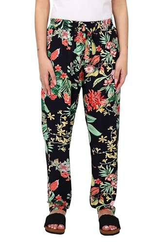 Easy Young Fashion Damen Sommerhose - Florale Freizeithose mit elastischem Bund - Lange Boho Hose - Strandhose Stoffhose aus Baumwolle 777 - (Schwarz-Floral) von Easy Young Fashion