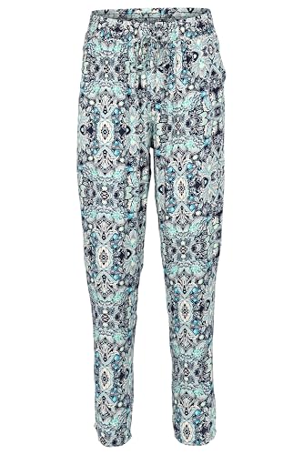 Easy Young Fashion Damen Sommerhose - Florale Freizeithose mit elastischem Bund - Lange Boho Hose - Strandhose Stoffhose aus Baumwolle 777 - (Türkis-Blau-G) von Easy Young Fashion