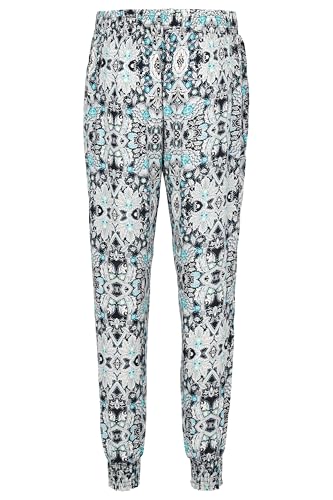 Easy Young Fashion Damen Sommerhose - Florale Freizeithose mit elastischem Bund - Lange Boho Hose - Strandhose Stoffhose aus Baumwolle 777 - (Türkis-Schwarz) von Easy Young Fashion