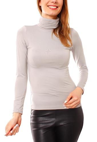 Easy Young Fashion - Damen Thermo Mikrofaser Langarm Rollkragen Shirt - Rolli Unterziehshirt Skinny Fit 3253 - Hellgrau S von Easy Young Fashion