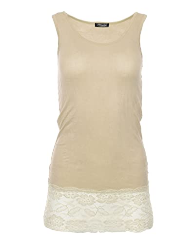 Easy Young Fashion - Damen Trägertop mit Spitzensaum - langes Unterziehshirt Skinny Fit 0518 (Beige S/M) von Easy Young Fashion