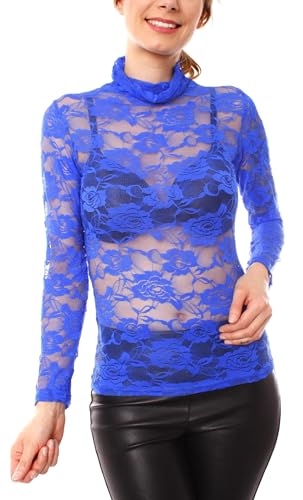 Easy Young Fashion - Damen Turleneck Langarmshirt mit Spitze - transparente Stehkragen Bluse - Skinny Fit OneSize 1096 - Blau von Easy Young Fashion