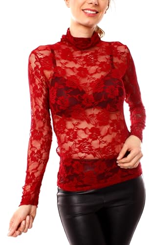 Easy Young Fashion - Damen Turleneck Langarmshirt mit Spitze - transparente Stehkragen Bluse - Skinny Fit OneSize 1096 - Dunkelrot von Easy Young Fashion