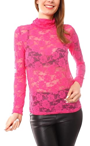 Easy Young Fashion - Damen Turleneck Langarmshirt mit Spitze - transparente Stehkragen Bluse - Skinny Fit OneSize 1096 - Pink Easy Young Fashion - Damen Turleneck Langarmshirt mit Spitze - transparente Stehkragen Bluse - Skinny Fit OneSize 1096 - Pink von Easy Young Fashion
