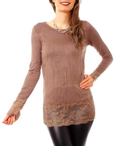 Easy Young Fashion Langarm Longshirt mit Spitzensaum 0998 - Hellbraun S/M von Easy Young Fashion