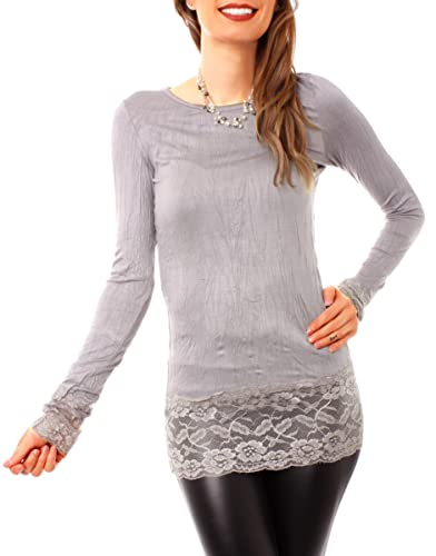 Easy Young Fashion Langarm Longshirt mit Spitzensaum 0998 - Hellgrau M/L Easy Young Fashion Langarm Longshirt mit Spitzensaum 0998 - Hellgrau M/L von Easy Young Fashion
