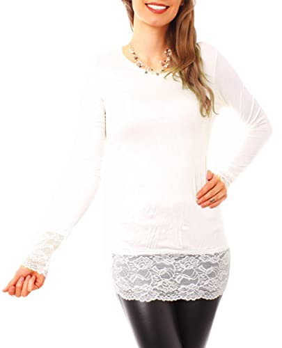 Langärmeliges Damen Baumwoll Longshirt mit breiter Spitze - Creme Gr.S/M von Easy Young Fashion