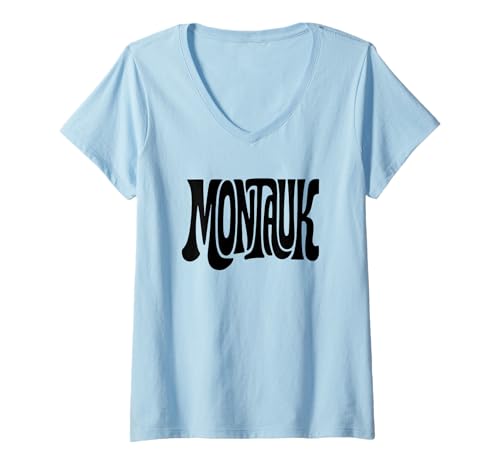 Damen Montauk Vintage Typografie Design New York Hamptons NY T-Shirt mit V-Ausschnitt von Easy east aesthetics
