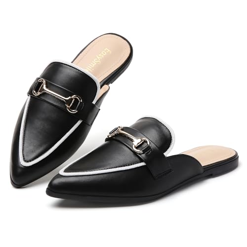 EasySmile Metallkette Dekor Flache Pantoletten Damenschuhe für Frauen Geschlossene Spitze Zehen Slip on Loafer Slides Rückenfrei Pantoletten Schuhe, Metallkette schwarz, 42 EU von EasySmile