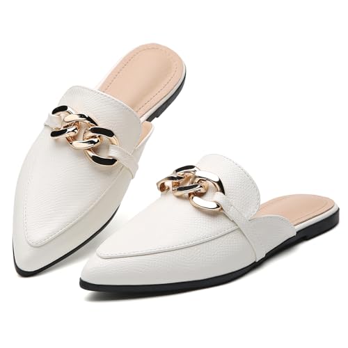 EasySmile Metallkette Dekor Flache Pantoletten für Frauen Geschlossene Spitze Zehen Slipper Slides Rückenfrei Pantoletten Schuhe, Metallkette Schlange weiß P, 38.5 EU von EasySmile
