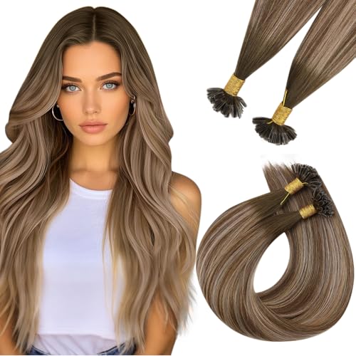 Easyouth Bonding Extensions Echthaar Braun Balayage Bondings Extensions Remy Menschenhaar Mittelbraun Ombre Honigblond Echthaar Extensions Bondings für Frauen 35 cm 50g #4/27/4 50s von Easyouth