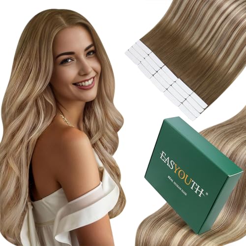 Easyouth Echthaar Extensions Tape Ombre Blond Echthaar Tape in Extensions Balayage Dunkelbraun Aschbraun Mittelblond Unsichtbar Tape Extensions Echthaar für Frauen 55 cm #3/8/22 50g 20Pcs von Easyouth