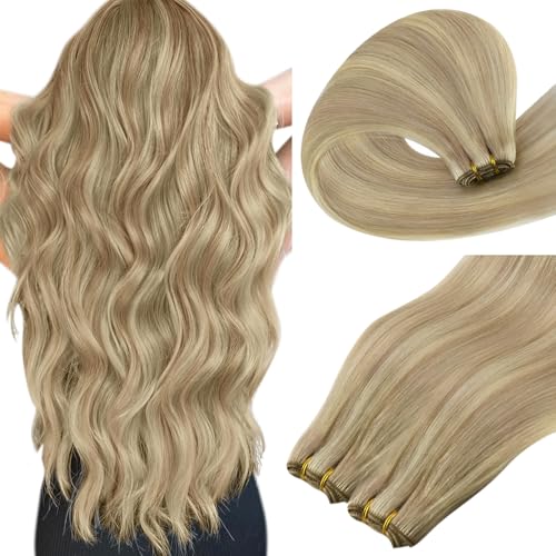 Easyouth Echthaar Tressen Zum Einnähen Blond Echthaar Tressen Extensions Mittelblond Highlight Golden Blonde Extension Tressen Haarverlängerungen Remy Menschenhaar für Frauen 55 cm 100g #P16/22 von Easyouth