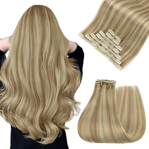 Easyouth Extensions Echthaar Clip in Blond Echthaar Clip in Extension Remy Menschenhaar für Frauen Clips in Extensions Haarverlängerungen Highlight Mittelblond Golden Blonde 35 cm 70g #P16/22 von Easyouth