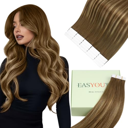 Easyouth Invisible Tape in Extensions Echthaar Ombre Braun Echthaar Tape Extensions Mittelbraun Balayage Honigblond Glue in Haar Extensions Tape für Frauen #4/27/4 50cm 50g 20pcs von Easyouth