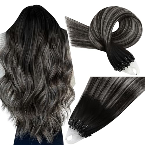 Easyouth Micro Loop Extensions Echthaar Balayage Silber Extension Microring Echthaar Schwarz Ombre Silber Microrings Extensions Menschenhaar Für Damen #1b/s/1b 40cm 50g 50s von Easyouth
