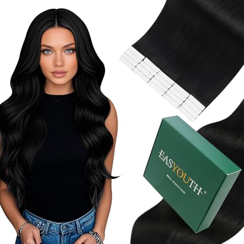 Easyouth Tape in Exensions Echthaar Schwarz Echthaar Extensions Tape Remy Menschenhaar Schwarz Haarverlängerungen Echthaar Tape in Human Hair für Frauen 35 cm 40g 20pcs #1 von Easyouth
