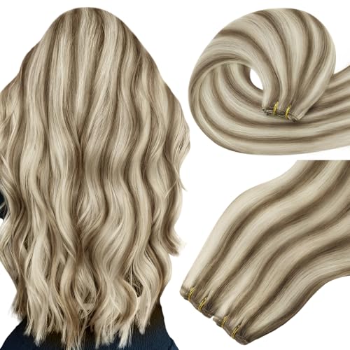 Easyouth Tressen Echthaar Extensions Blond Extensions Echthaar Tressen Hellbraun Highlighted Platinblond Invisible Weft Echthaar Extensions Remy Menschenhaar für Frauen 40 cm 100g #P8/60 von Easyouth