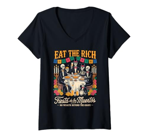 Damen Fiesta de los Muertos - Tag der Toten - Dia de los Muertos T-Shirt mit V-Ausschnitt Damen Fiesta de los Muertos - Tag der Toten - Dia de los Muertos T-Shirt mit V-Ausschnitt von Eat Rich - Día de los Muertos Skeleton Dinner