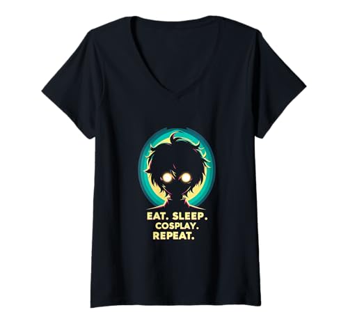 Damen Anime-inspirierter Slogan Cosplay T-Shirt mit V-Ausschnitt von Eat Sleep Cosplay Repeat Anime Fan
