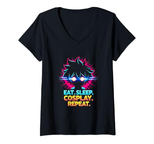 Damen Eat Sleep Cosplay Wiederholter Anime-Fan T-Shirt mit V-Ausschnitt Damen Eat Sleep Cosplay Wiederholter Anime-Fan T-Shirt mit V-Ausschnitt von Eat Sleep Cosplay