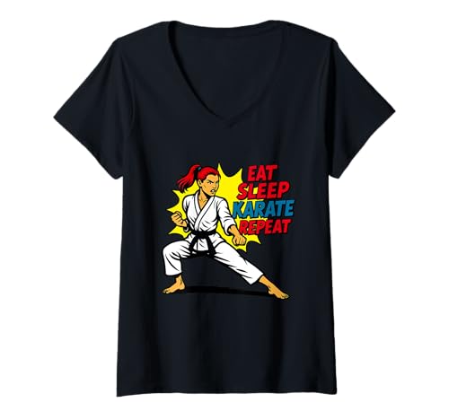 Damen Eat Sleep Karate Repeat-Design für Art Martials-Liebhaber T-Shirt mit V-Ausschnitt von Eat Sleep Karate Repeat Shop