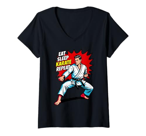 Damen Eat Sleep Karate Repeat-Design für Art Martials-Liebhaber T-Shirt mit V-Ausschnitt von Eat Sleep Karate Repeat Shop