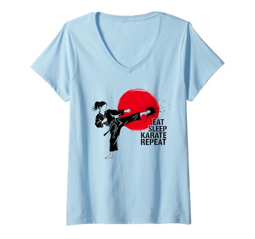 Damen Eat Sleep Karate Repeat-Design für Art Martials-Liebhaber T-Shirt mit V-Ausschnitt von Eat Sleep Karate Repeat Shop