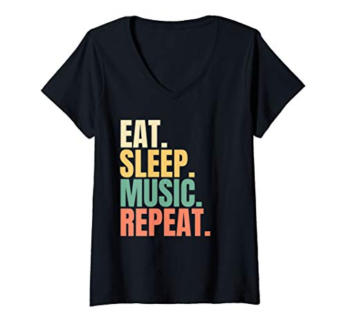 Damen Eat Sleep Music Repeat T-Shirt mit V-Ausschnitt von Eat Sleep Music Repeat Design Shop